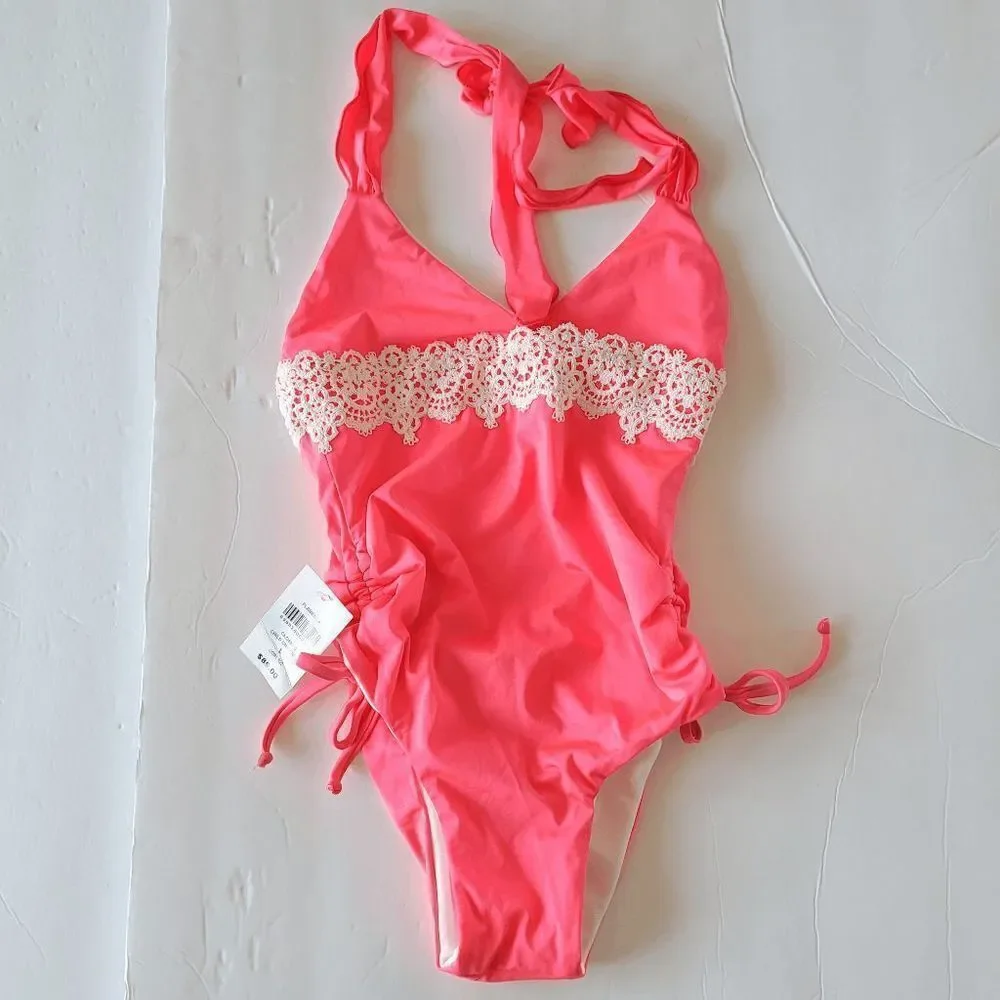 California Kisses girls pink flamenca one piece swim wear size L 8-10